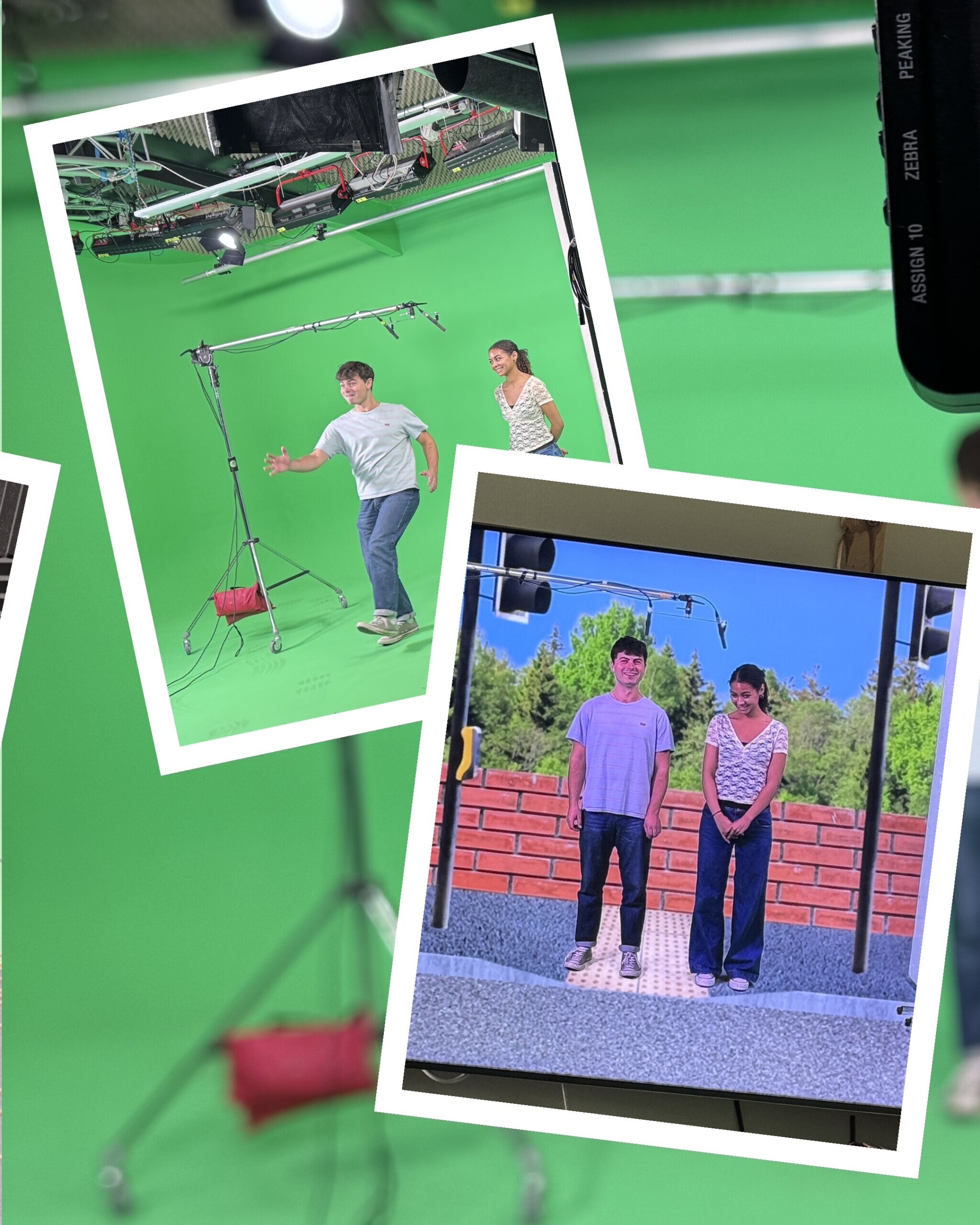 Actors filming on a green screen for Travel Hacks Road Safety
